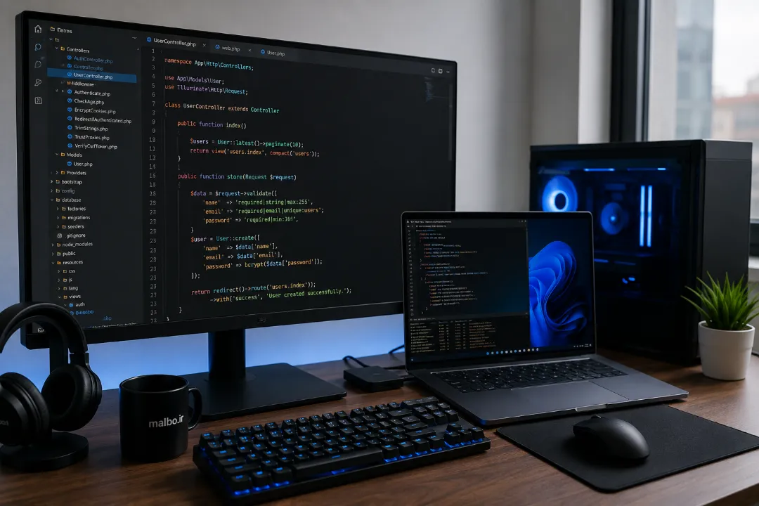 محیط توسعه برنامه‌نویسی با مانیتور و کدهای لاراول در ویندوز